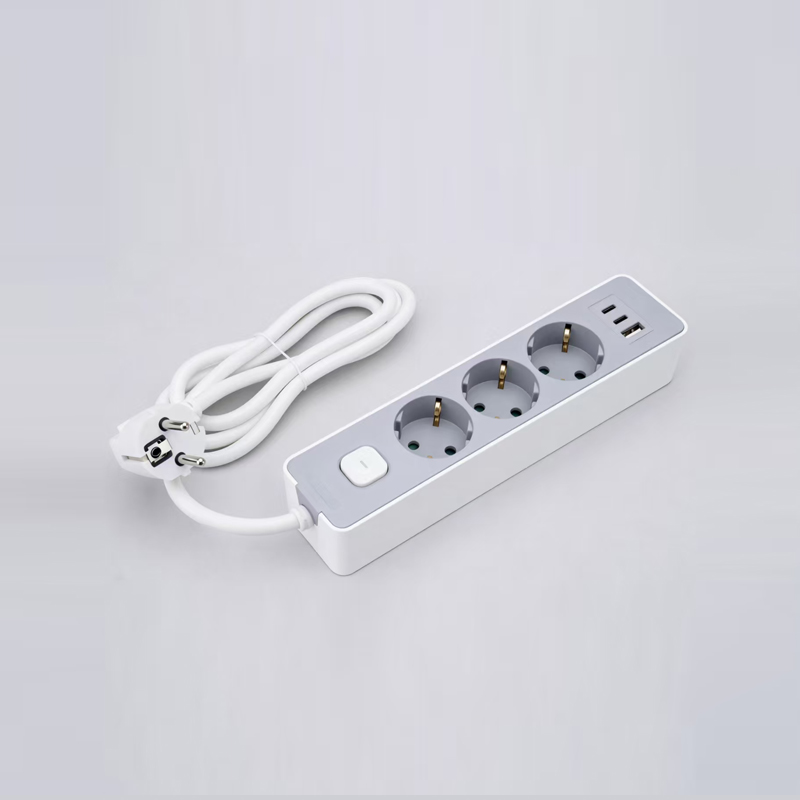 LOB-03K-AC Strip daya 3 stopkontak tipe Jerman dengan sakelar, pengisi daya cepat PD, 1 port USB-A dan 2 port Tipe C Multi-Soket